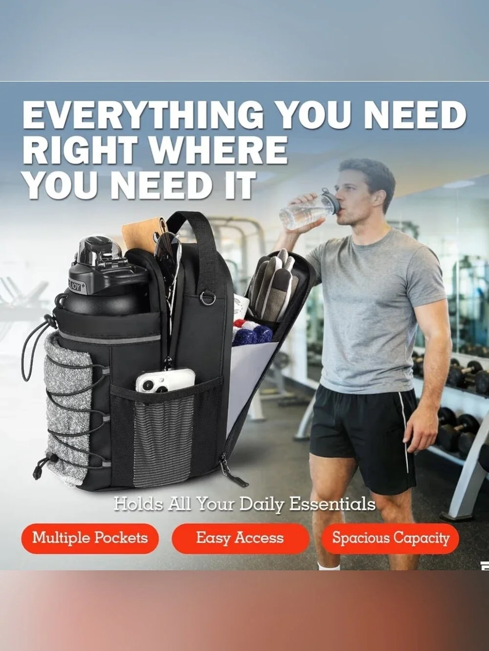 Magnetic Gym Bag 25-64oz Water Bottle Holder with 4 Strong Magnets, Crossbody Sl